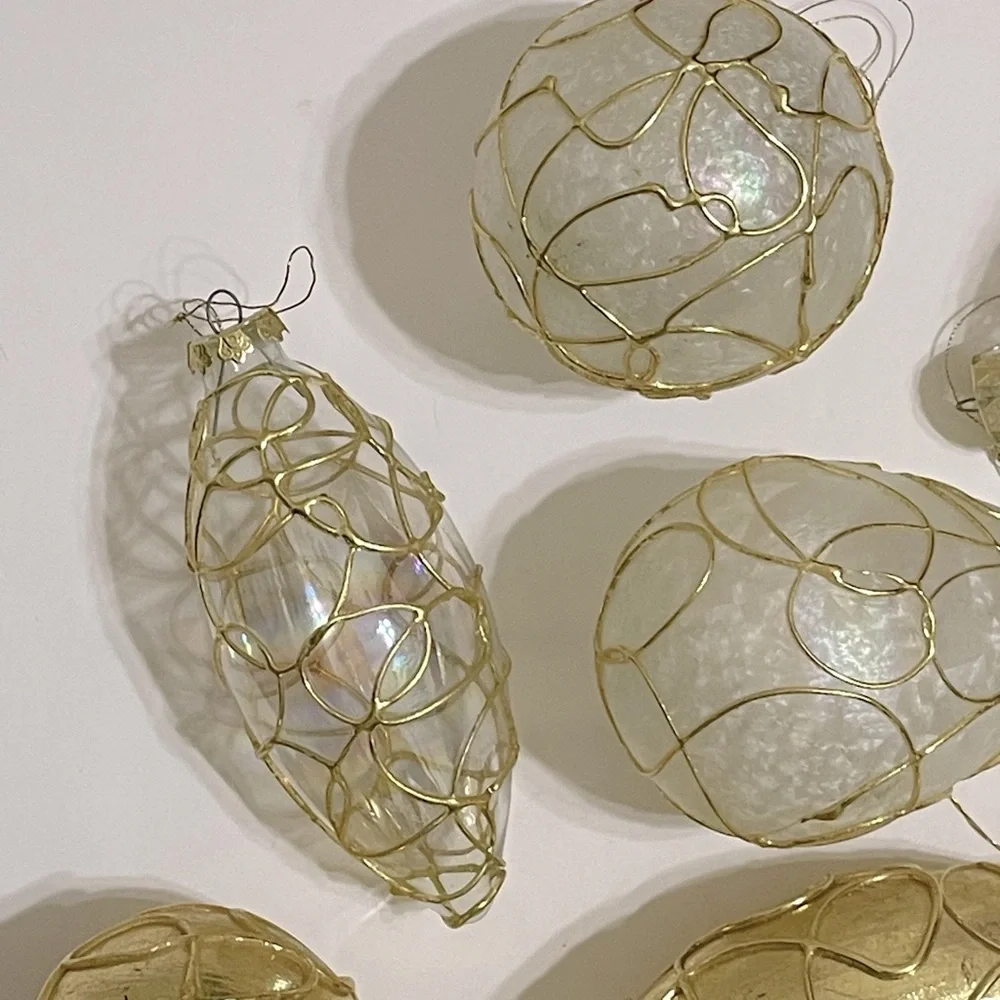 VINTAGE SILVESTRI Large Gold Clear Frosted Glass Deco Tree Ornaments Set of 6